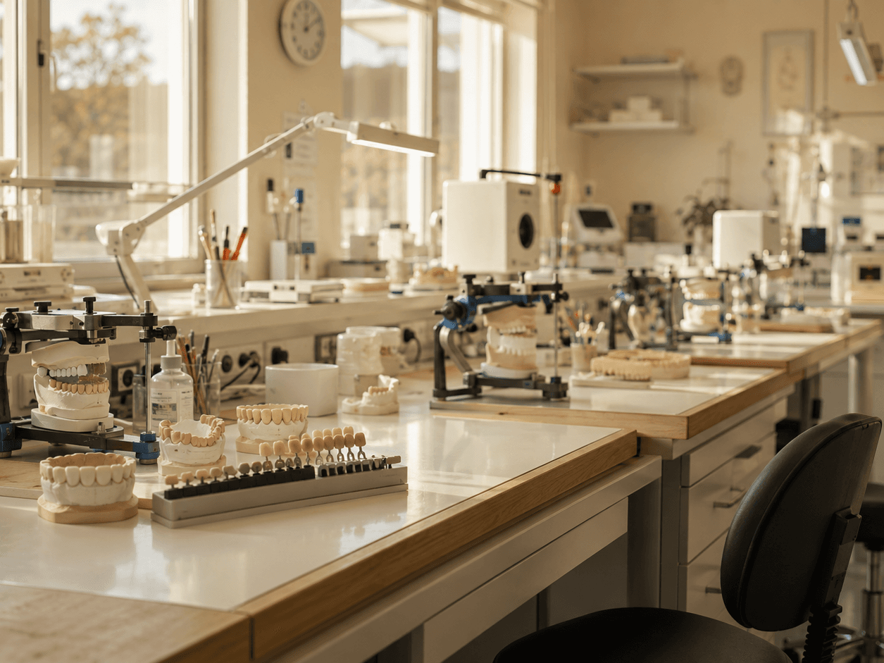 Laborator dentar — hapësirë pune me modele dhe pajisje